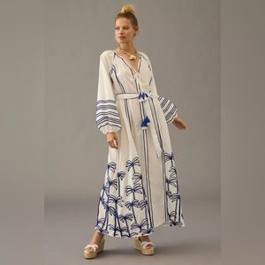 Anthropologie White and Blue Embroidered Maxi Dress NWT